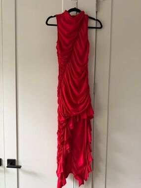 Red Ruched Asymmetric Evening Dress